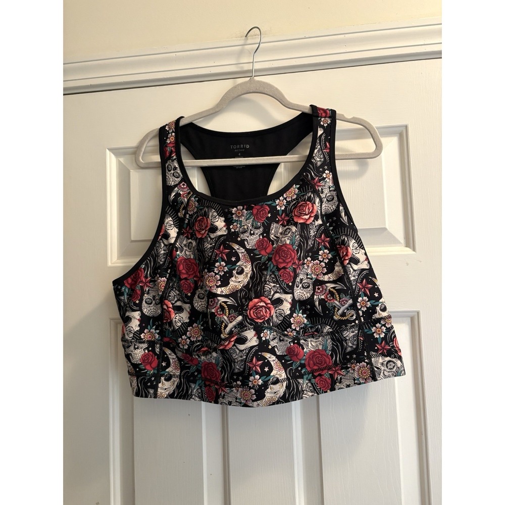 Torrid Women's Active Sports Bra Size 4X Pink Roses And Skulls Racer Back